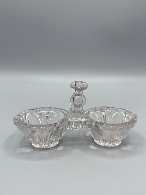 Dubbele, transparante zoutvaat van geperst glas – met berenhandvat – Art Deco, Frankrijk, circa – glazen karaffen