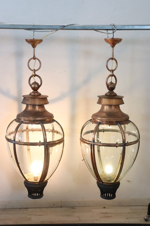 Very Large Copper and Glass Lanterns, Italy 1940s, Set of 2