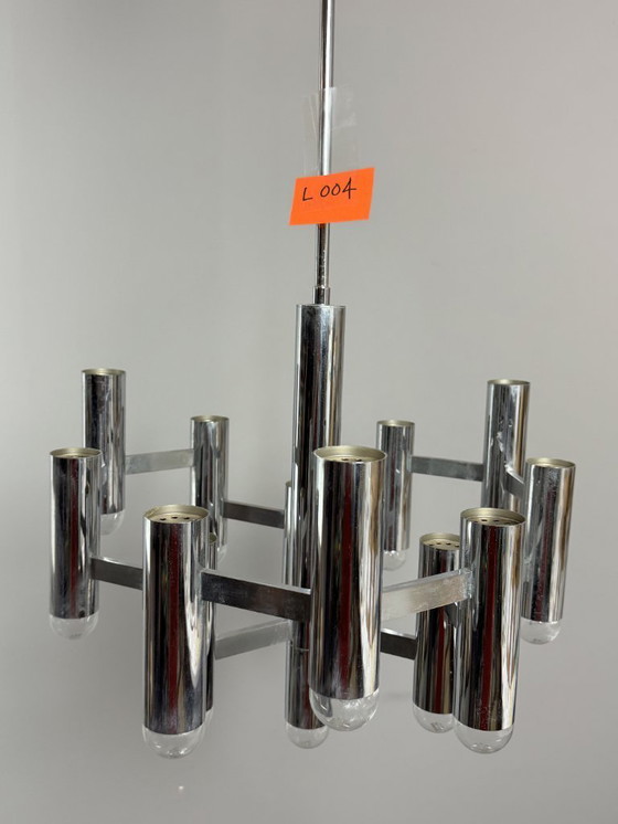 Image 1 of Mid-Century Design Large Sciolari Chandelier with Chromed Frame, Italy, 1970s