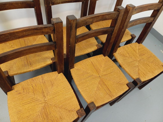 Image 1 of Set of 6 vintage brutalist chairs in solid oak and straw from the 60s