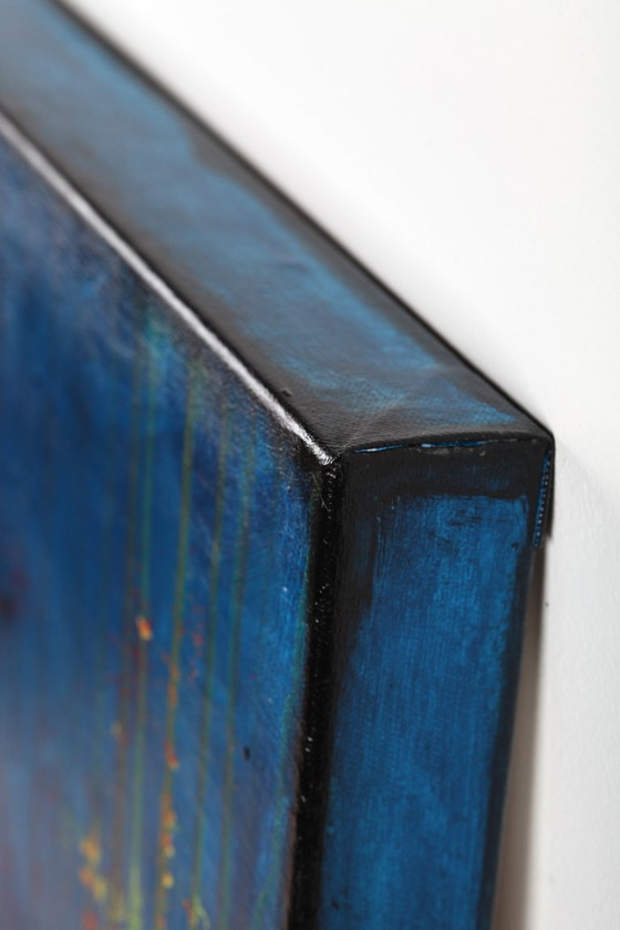 Image 1 of Contemporary abstract artwork in blue, red,black, yelow on stretched canvas