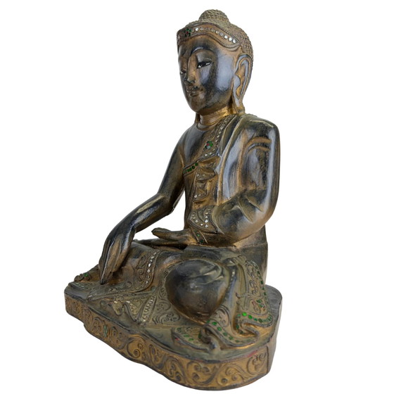 Antieke houten Mandalay Boeddha met glas inleg, Myanmar, ca. 1880 – Beeldhouwkunst, Wood (photo 8 of 10)