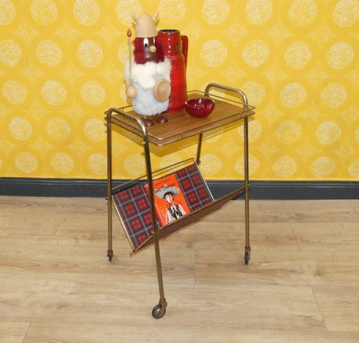 1960s newspaper rack, String Formica shelf, red checkered, side table on wheels, retro vintage