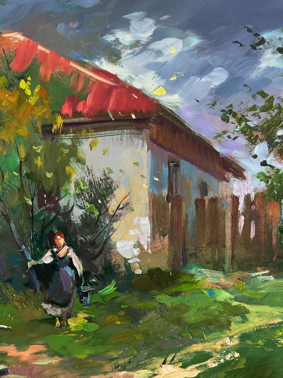 Image 1 of Peinture à l'huile originale, paysage rural, puits de village d'été