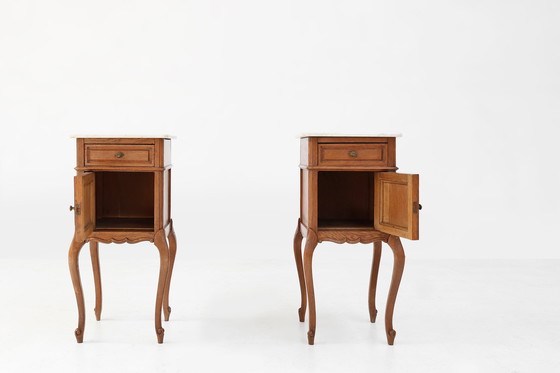 Image 1 of Pair of French Louis XV Style Nightstands in Oak with Carrara Marble Top