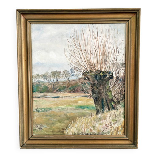 Peinture à l'huile originale ancienne représentant un paysage de campagne, signée.