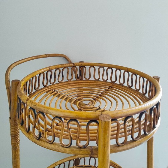 Image 1 of 1960s Gorgeous Bamboo & Rattan Serving Bar Cart Trolley by Franco Albini. Made in Italy