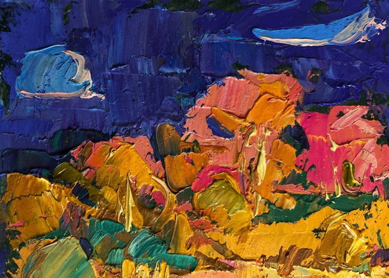 Image 1 of Original Oil Painting Autumn River Landscape Autumn evening by the river