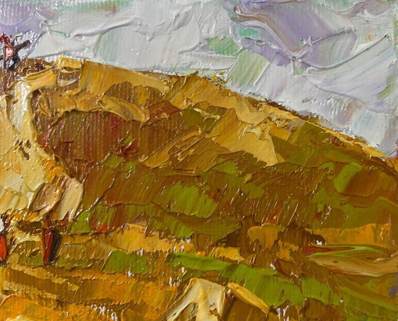 Image 1 of Original Oil Painting Summer Day Landscape Work in the field
