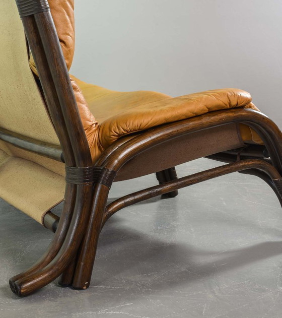 Image 1 of Brutalist Bentwood Love Seat Bamboo Sofa with Caramel Leather Upholstery, 1960s. 