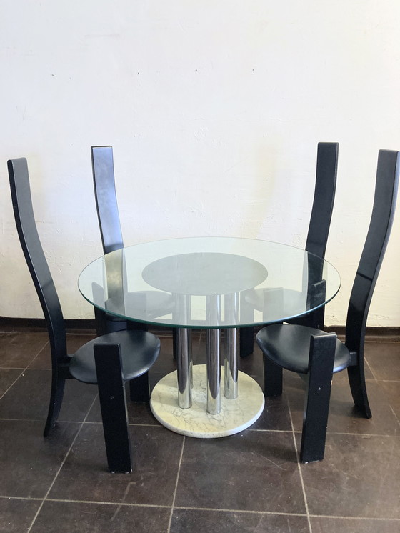 Image 1 of Round Italian dining room table from the 70s marble glass chrome