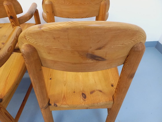 Image 1 of Set van 6 vintage Scandinavische Rainer Daumiller fauteuils van grenenhout uit de jaren 70.