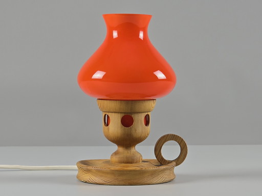 1970s Vintage Swedish Table Lamp Furu by Erik Höglund for Markslöjd – Orange Pressed Glass Shade & Solid Pine Base.