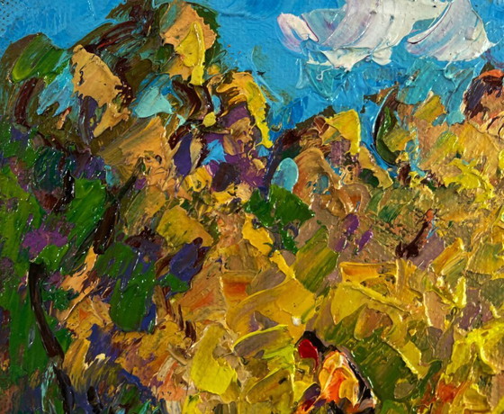 Image 1 of Original Oil Painting Summer Village Landscape The sun in the field