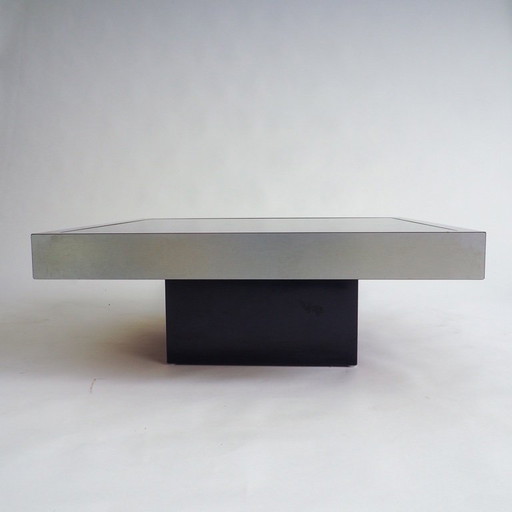 Tavolino in acciaio inox con piano in vetro marrone