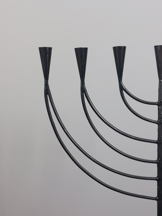 Image 1 of Hand-forged Swedish vintage menorah metal candlestick, 7-flame