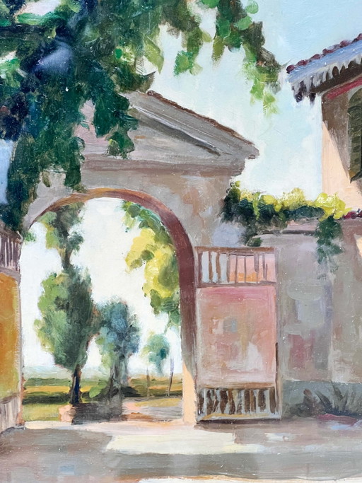 Peinture à l'huile sur toile des années 1950: Vieille Ferme par Alfredo di Romagna