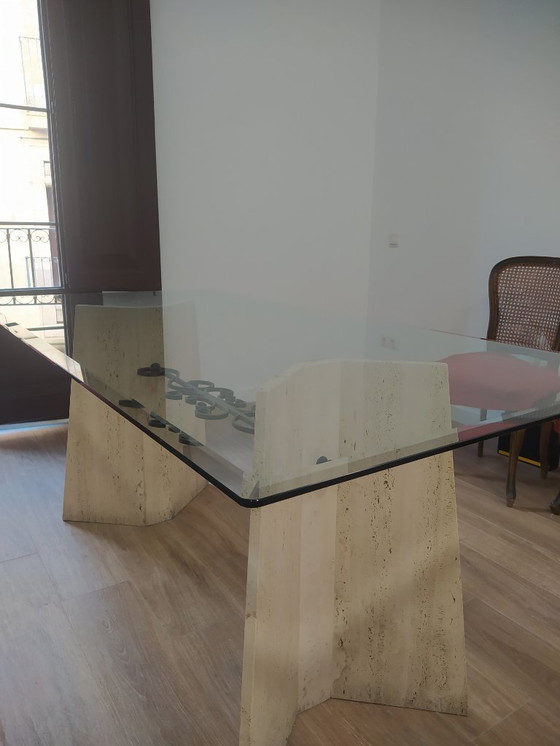 Image 1 of Elegant Glass and Travertine Table