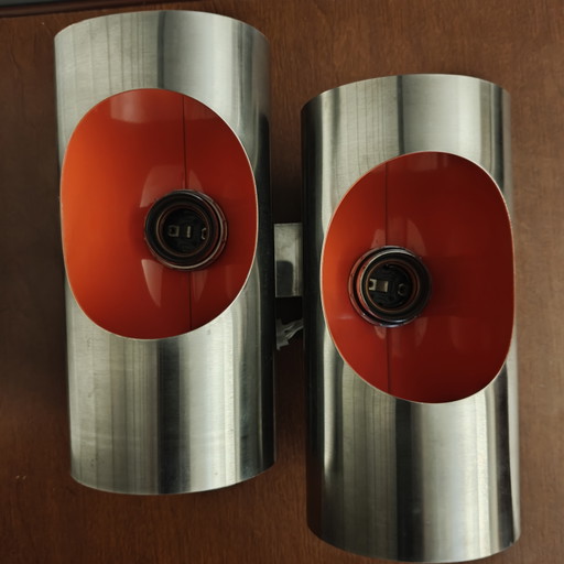 Applique murale double vintage OXAR style Space Age – Acier inoxydable et orange – Années 1970 – wandlampen, Chrome