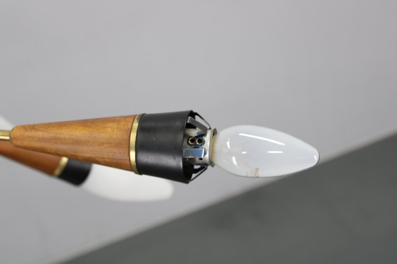 Image 1 of Lustre en laiton et teck en verre opalin Rupert Nikoll, Autriche, années 1960