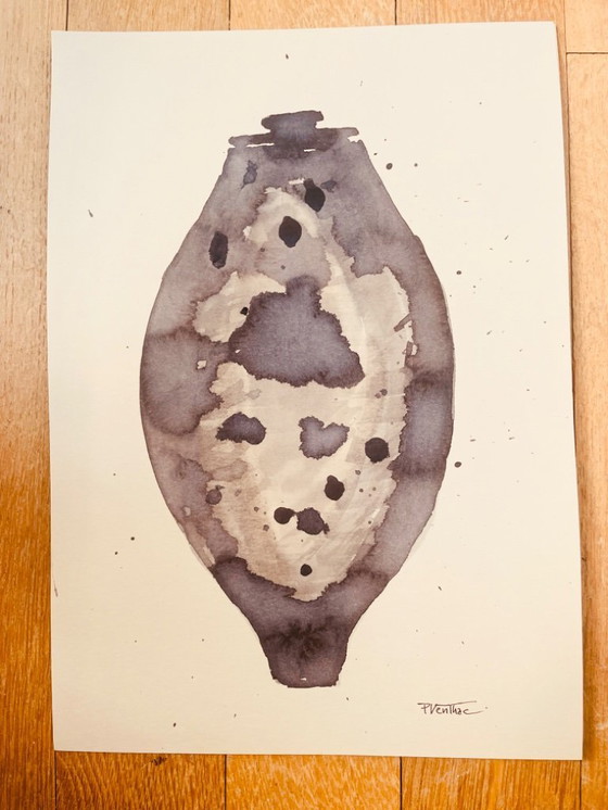 Image 1 of Signed watercolor and ink painting Wabi Sabi Essaouira vase