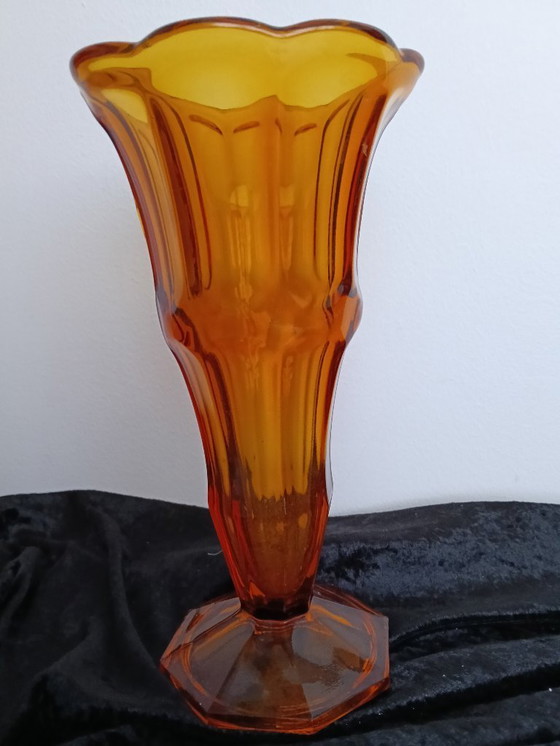 Image 1 of Amber color pressed glass art deco model vase