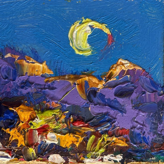 Image 1 of Original Oil Painting Summer Village Landscape Morning summer moon
