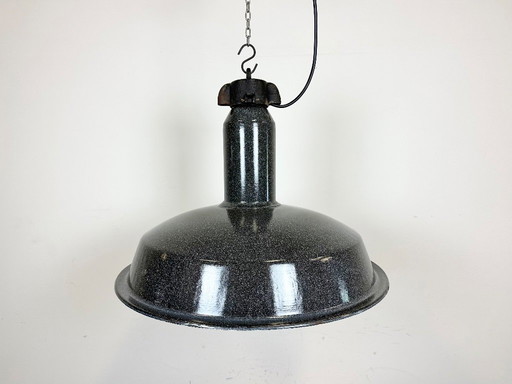 Large Industrial Grey Enamel Factory Lamp with Cast Iron Top, 1960s
