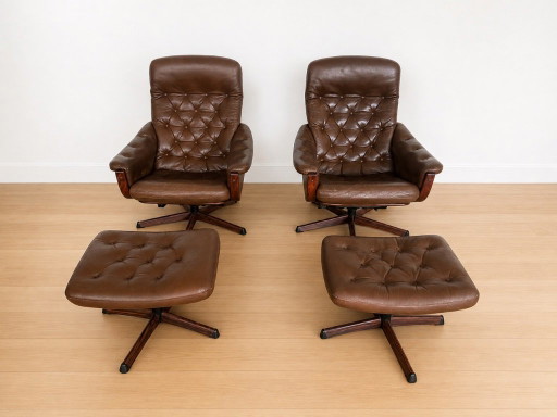 Fauteuils pivotants vintage suédois en cuir marron, milieu du siècle, par Gote Møbler – verstelbare relaxstoel, Leather