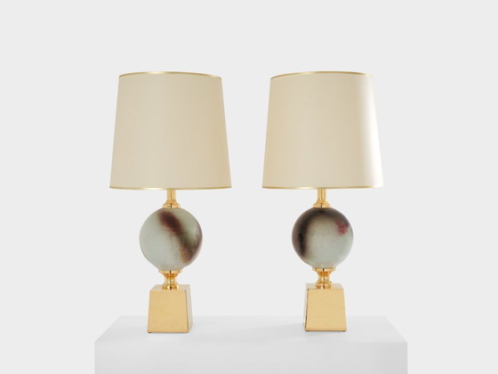 Image 1 of Philippe Barbier pair of large ceramic and brass table lamps 1970s