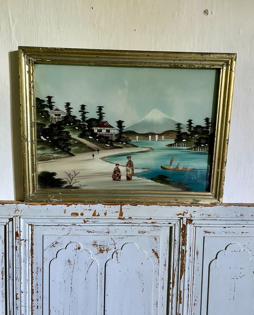 Pintura con técnica de vidrio inverso finales XIX