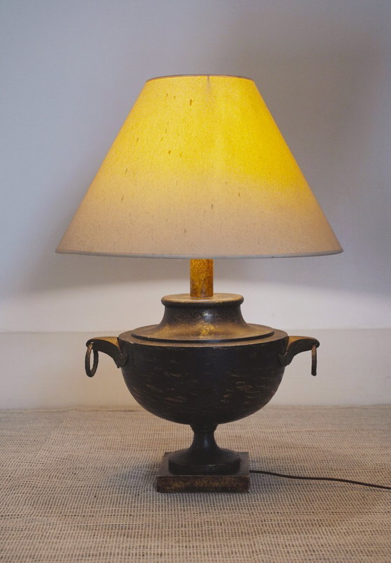 Image 1 of  Italian Neoclassical Amphora Table Lamp Black Patina Urn Base with Brass Handles Vintage Classical Lighting 