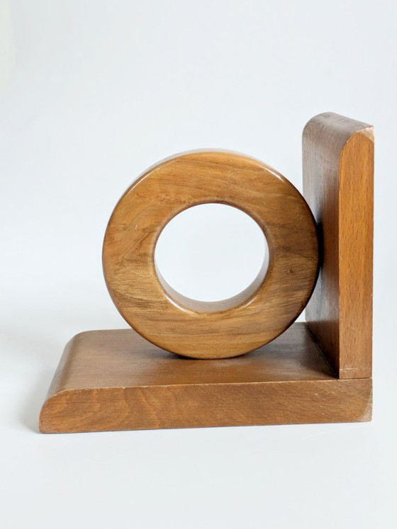 Image 1 of Midcentury Wooden Bookends Pair, Bauhaus Art Deco Style Hoop Design, Sculptural Shelf Decor