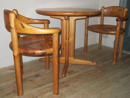 Pair of Armchairs and Table in Patinated Pine, Rainer Daumiller for Hirtshals Sawmills, Sweden 1960s