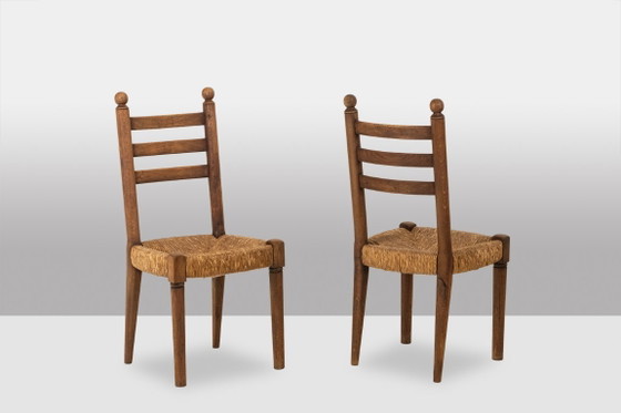 Image 1 of Set of 8 oak straw-seated chairs. 1950s.