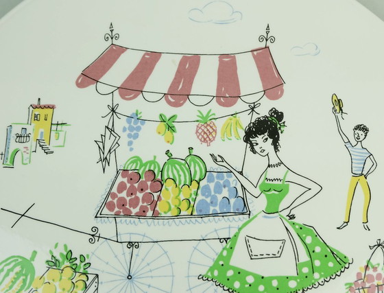 Image 1 of Taartbord uit de jaren 50, Grunstadt, met prachtige decoratie, zuidelijk tafereel, fruit- en groenteverkoper.