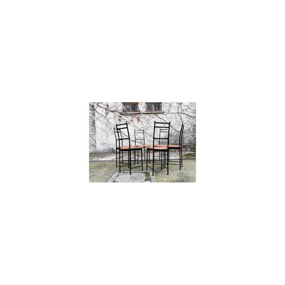 Image 1 of Set of 6 vintage aluminum and brown leather dining chairs by Ycami, 1980