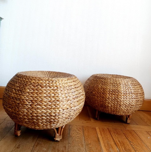 2x vintage woven rattan poufs circa 1970