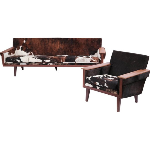 Vintage living room set in cow leather, Norway 1970s
