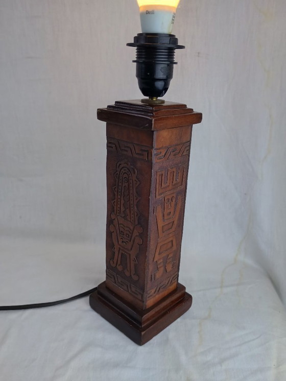 Image 1 of Vintage 1960s Leather Totem Lamp Angel L. Pazmino Aztec Inca maya Brutalist Design, Mid Century Modern Muebles De Estilo