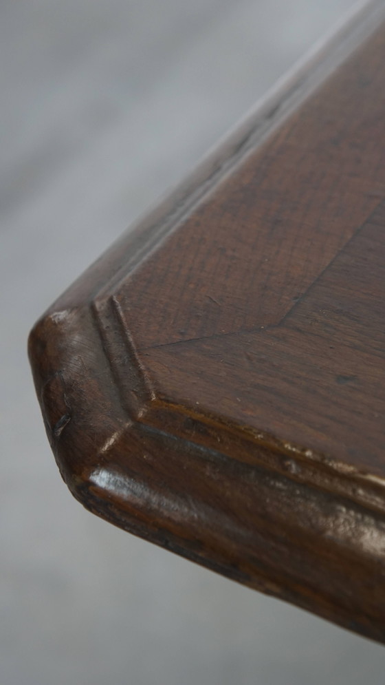 Image 1 of Table de bistrot française ancienne avec pied en fonte dorée et plateau en chêne foncé