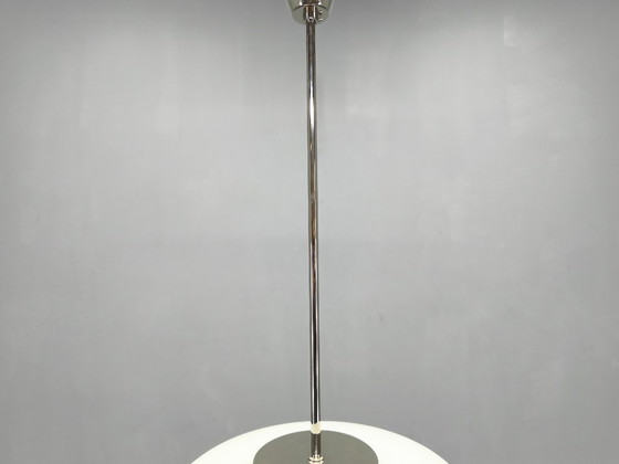 Image 1 of Art Deco Style Pendant Light, Chrome & Milk Glass, 1970s