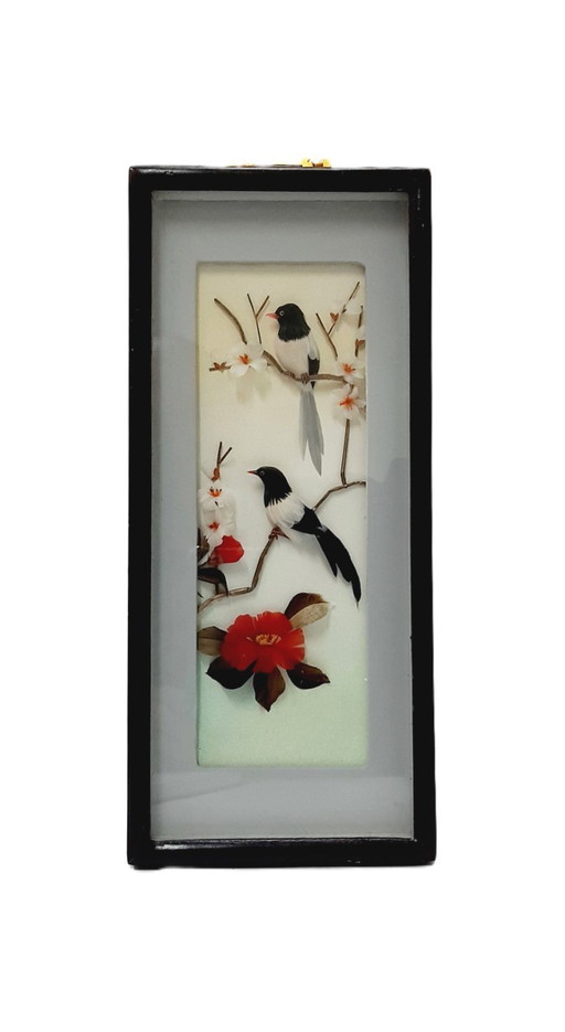Composition vintage de matériaux naturels - oiseaux dans un cadre sous verre