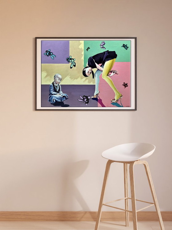 Original Oil Painting Pop Art Symbolism Equilibrium Part 2, Paintings & Drawings, Canvas, Pink, Figuratief (photo 3 of 7)