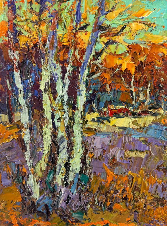Image 1 of Originales Ölgemälde: Herbstwaldlandschaft – Junge Espen lauschen der Stille