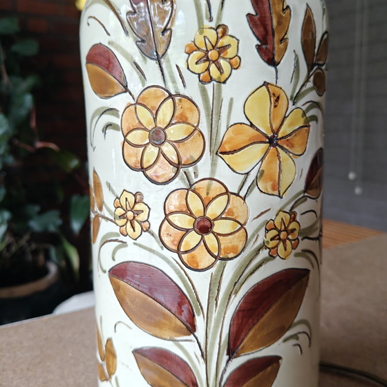 Image 1 of Large 1970s Hand-Painted Ceramic Table Lamp Ø40 cm – Floral Pottery Lamp