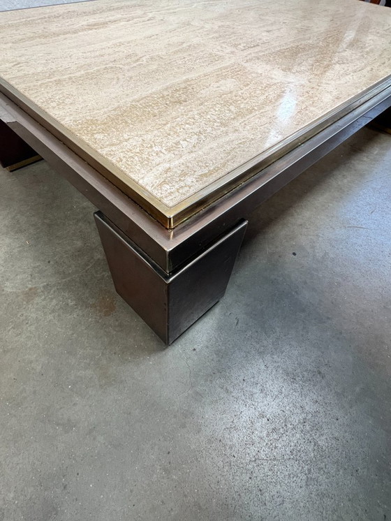 Image 1 of Grande table basse vintage, Belgochrom, Belgique, années 1970. Travertin et laiton