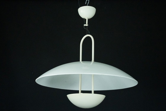 Image 1 of Vintage 1990s White Pendant Lamp with Glass Top Shade. Italy