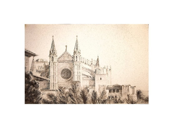 Image 1 of Charcoal drawing of the Cathedral of Mallorca. Mallorca drawing. Painting of Mallorca. Mallorca cityscape. Mallorca. New.