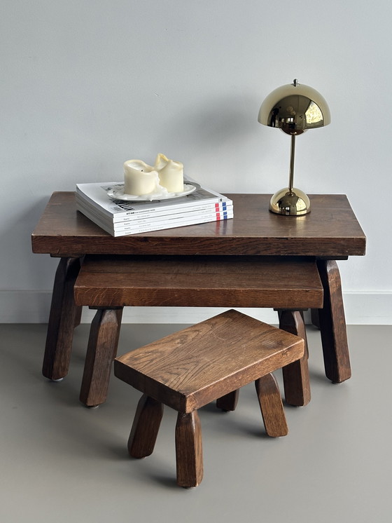 Image 1 of Tavolini ad incastro brutalisti vintage Mimi, set di tavolini laterali in rovere massello, stile retrò anni '70